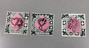 3rd class 2/10/15. For a Valentine related tile we created borders on a 3.5 tile and inserted a Bijou tile with stylized heart tangle. They turned out quite lovely.