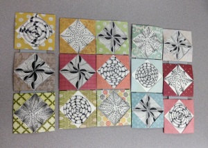 Last class and special project. We created holders for the 3.5 inch tiles on which we created monotangles. Tangles were Betweed, Ixorus, and Marasu. We hinged the tile holders together to form a book of sorts. Aren't they the coolest!